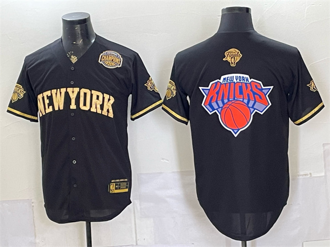 Men's New York Knicks Team Big Logo Black Gold 2026 Finals & Eastern Conference Champions Patch Stitched Baseball Jersey Men's New York Knicks Team Big Logo Black Gold 2026 Finals & Eastern Conference Champions Patch Stitched Baseball Jersey